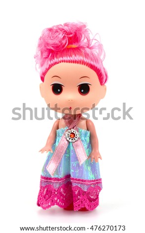 Beautiful dolls with pink hair isolated on white background.