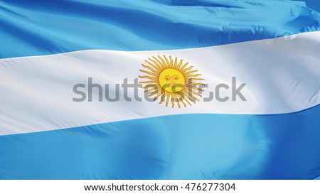 Argentina flag waving against clean blue sky, close up, isolated with clipping mask alpha channel transparency