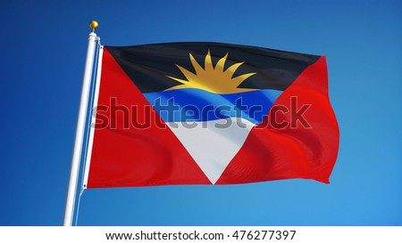 Antigua and Barbuda flag waving against clean blue sky, close up, isolated with clipping mask alpha channel transparency