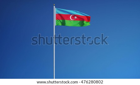 Azerbaijan flag waving against clean blue sky, long shot, isolated with clipping mask alpha channel transparency