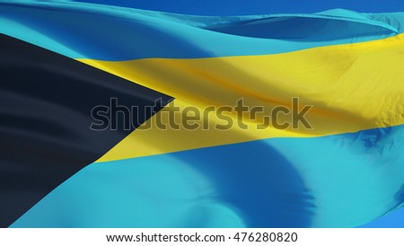 Bahamas flag waving against clean blue sky, close up, isolated with clipping mask alpha channel transparency