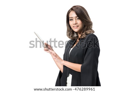 Woman using digital tablet computer isolated on white background , Tablet computer.