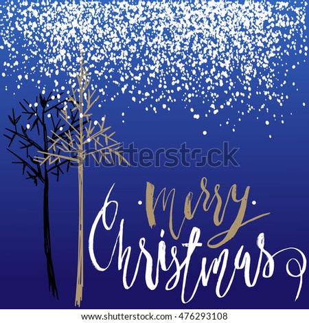 Christmas tree silhouette, design for greeting card. Vector hand drawn illustration for design. Christmas lettering. EPS10