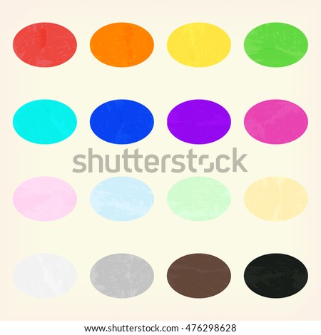 Watercolor oval shape splashes, green, blue, orange, pink, red, yellow, indigo, violet, pale pink, pale blue, pale yellow, pale green white gray brown black Set of colored design elements EPS 10