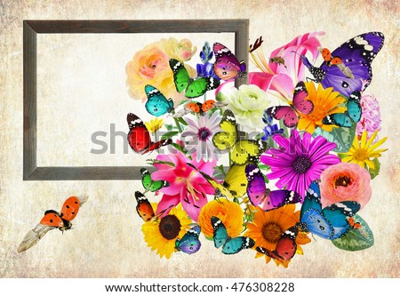 Nature art composition - Colorful flowers, butterflies and ladybug. Wooden frame with blank space (for photo,picture or text). Old paper texture background. Vintage style image