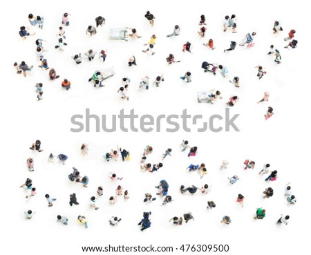 Crowd of people blurred on white background from top view ,bird eye view