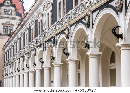Long corridor (Langer Gang), a long arcaded open structure, connects Johanneum with Georgenbau - central building of Royal Palace. It was constructed in 16th century to house horses. Dresden, Germany.