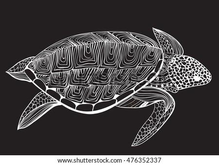 Turtle in zentangle zenart doodle style, isolated on black background. Hand drawn sketch for adult antistress coloring page, logo or tattoo with doodle, zen, line and dot design elements.