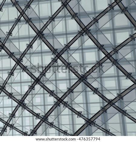 Double exposure of all-over glazed building fragment. Abstract photo of transparent roof or ceiling as a sample of hi-tech architecture.