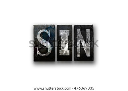 The word "SIN" written in vintage, dirty, ink stained letterpress type and isolated on a white background.