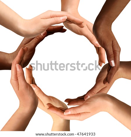 Conceptual symbol of multiracial human hands making a circle on white background with a copy space in the middle Royalty-Free Stock Photo #47641933