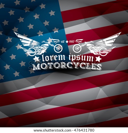 vintage american motorcycle club label or badge on usa flag, design element. abstract motorcycle logo with wings