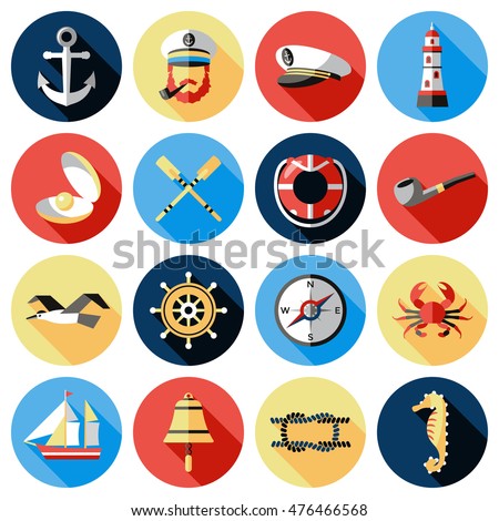 Nautical colored icon set in circles with marine inhabitants and sea theme vector illustration