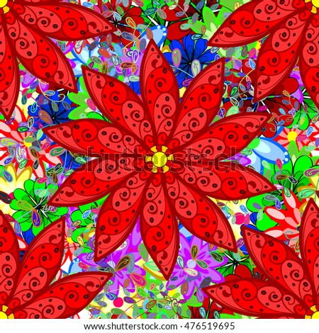 vintage pattern on colorful flowers background with red flowers.