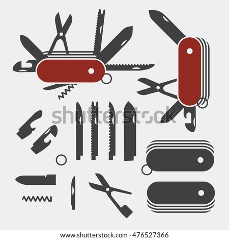 Swiss Folding knives to take apart flat icon vector; Swiss Red Multi-tool instrument; Parts of swiss knife Royalty-Free Stock Photo #476527366
