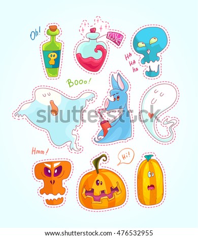 Funny Patches set, Happy Halloween stickers, colorful magic and friendship collection. Doodle art with ghosts, bat, pumpkins, skulls, potions... Hand drawn vector illustration.
