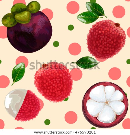 Mangosteen, lychee, passion fruit. lychee fruit pattern. Vector illustration. mangosteen half with slices.