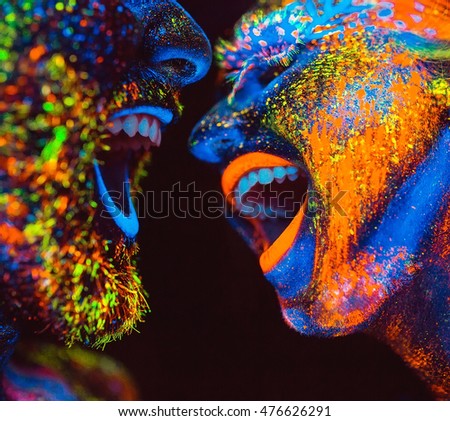 Concept. Couple smiling. Portrait of a pair of lovers painted in