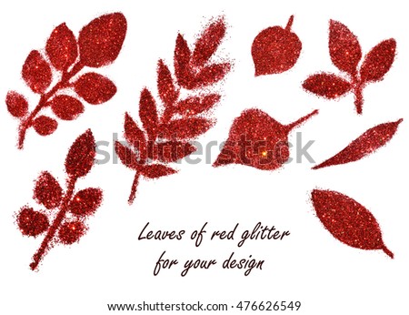 Set with leaves of red glitter on white background for your design
