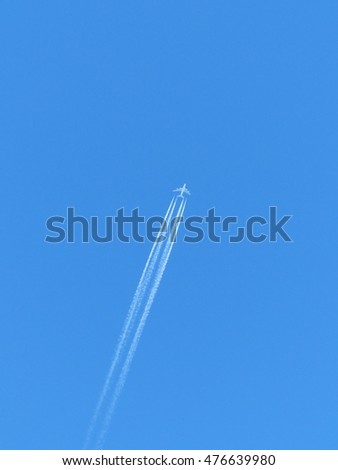 Airplane with contrails in a clear blue sky, Cruising altitude
