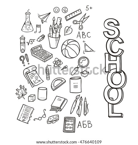 Doodle school icon set. Education supplies schoolbook, notebook, pen, pencil, stationary, training aids, ball, etc. Vector collection