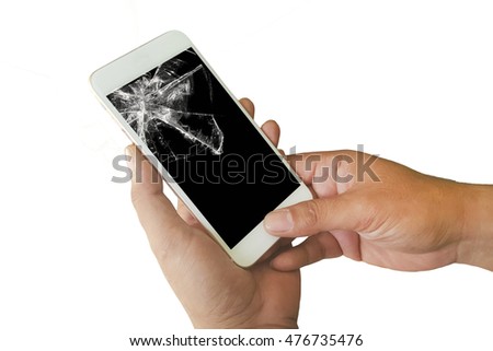 hand hold and touch screen smart phone,tablet,cellphone isolated on white , with crack or broken screen.
