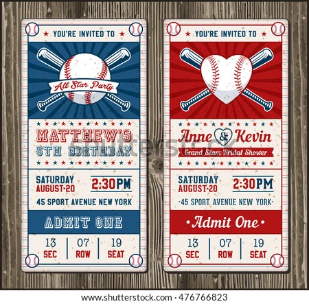 Vector illustrations for Vertical Invitation tickets for Baseball and softball themed events