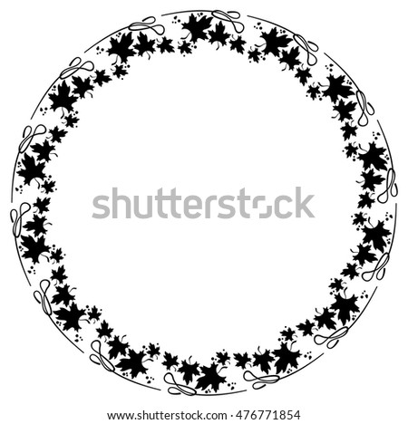 Black and white decorative round frame with maple leaves silhouettes. Vector clip art.