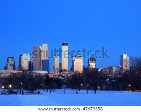 Winter in downtown Minneapolis at dusk