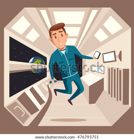 Cosmonaut in zero gravity. Vector cartoon illustration. Astronaut character in flight. Interstellar spaceship. Interior of spacecraft Royalty-Free Stock Photo #476793751