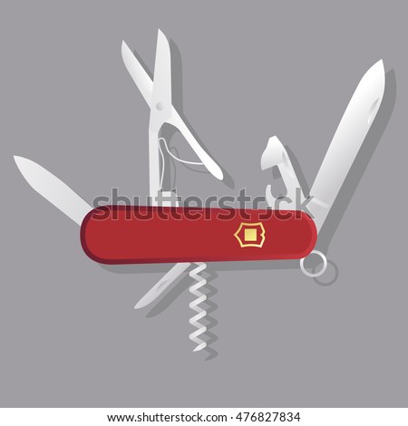 Red Swiss knife, red multi-tool, multipurpose penknife isolated vector; Multifunctional tool Royalty-Free Stock Photo #476827834