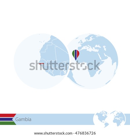 Gambia on world globe with flag and regional map of Gambia. Vector Illustration.