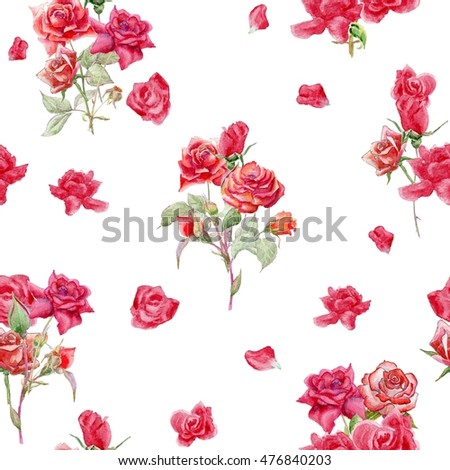 Seamless floral pattern with roses, watercolor. Pattern of rose. Rose Fabric background. Beautiful Seamless color rose pattern. Classic small rose seamless background.