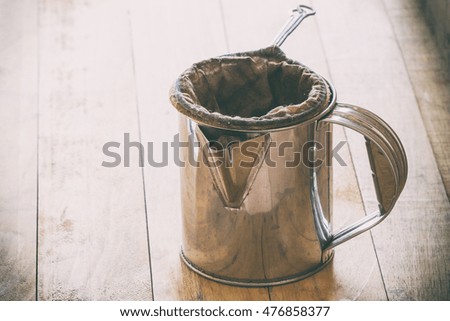 Coffee bag in stanless steel pot ,Thai style coffe tool ,Retro picture style