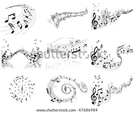 Musical Designs Sets With Elements From Music Staff , Treble Clef And Notes in Black and White. Vector Illustration.