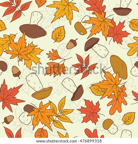 Autumn symbols: mushrooms and leaves, seamless pattern vector. Hand drawn icon set. Doodle background with sketch objects 