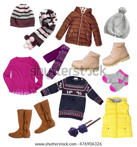 Fashion child girl's clothes set isolated on white. Autumn winter apparel collage.