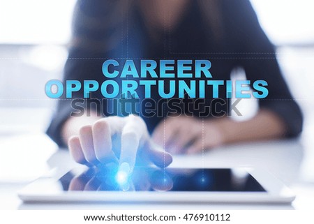 Woman is using tablet pc, pressing on virtual screen and select "Career opportunities".
