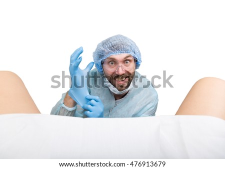 crazy gynecologist examines a patient. mad doctor expression different emotions and makes different hand's signs