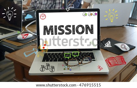 drawing icon cartoon with MISSION  concept on laptop in the office , business technology