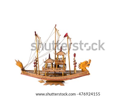 Traditional Chinese junk ship isolated over white background. Handmade wooden Chinese junk boat model. An ancient Chinese sailing vessel design from Song Dynasty (960-??1279)that is still in use today