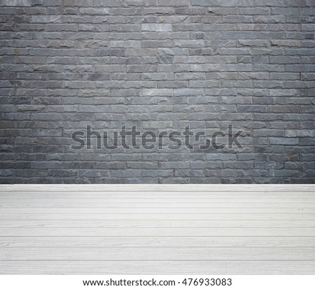 empty room interior with brick stone tiles wall and wood floor background