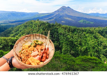 Balinese food with volcano view, Kintamani, Bali 