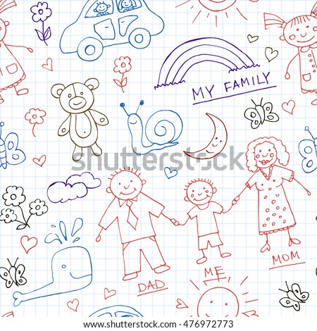 Kids Drawings doodle seamless pattern. Vintage illustration for identity, design, decoration, packages product and interior decorating