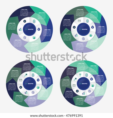 infographic template pie green and blue charts with 6, 7, 8, 9 steps