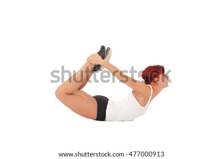 Woman working yoga exercise.Studio photo, isolated on white