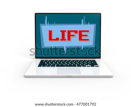 Illustration of 3D white laptop isolated with red pixel life icon