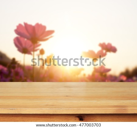 Wood table top on Blurred cosmos flower background