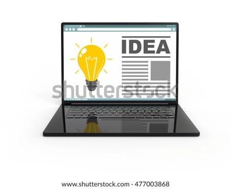 Illustration of 3D black laptop isolated with light bulb idea interface