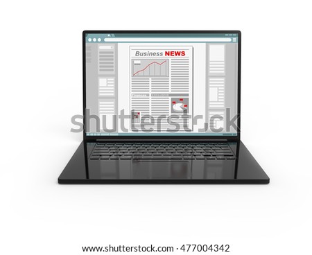 Illustration of 3D black laptop isolated with Business newspaper screen